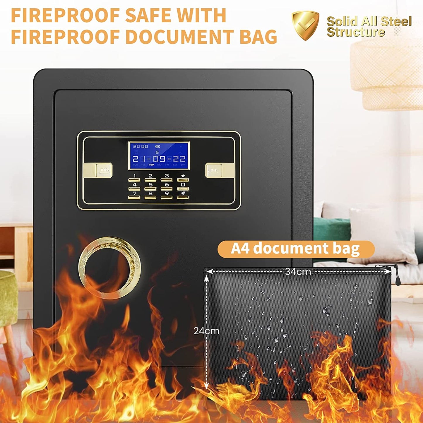 2.12 Cub Safe Box Fireproof Waterproof, Security Home Safe with Fireproof Document Bag, Large Fireproof Safe Box for Home with Inner Cabinet and LCD Display, Safe Box for Money Jewelry Documents
