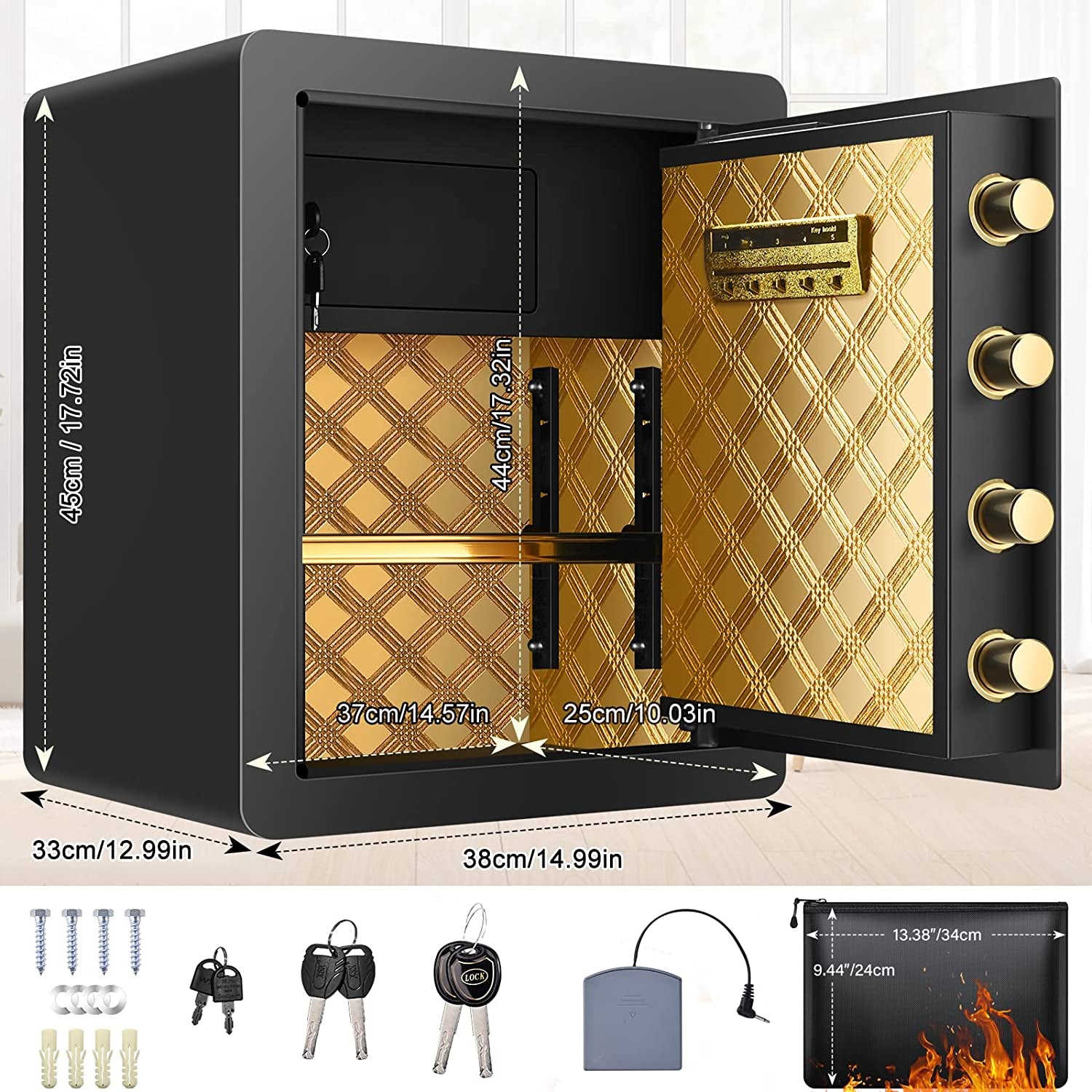 2.12 Cub Safe Box Fireproof Waterproof, Security Home Safe with Fireproof Document Bag, Large Fireproof Safe Box for Home with Inner Cabinet and LCD Display, Safe Box for Money Jewelry Documents